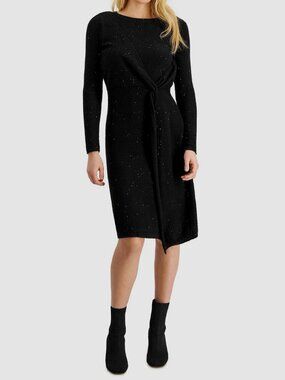 Donna Karan Women's Black Sequin Glitter-Knit Twisted Scoop Neck Dress Size M